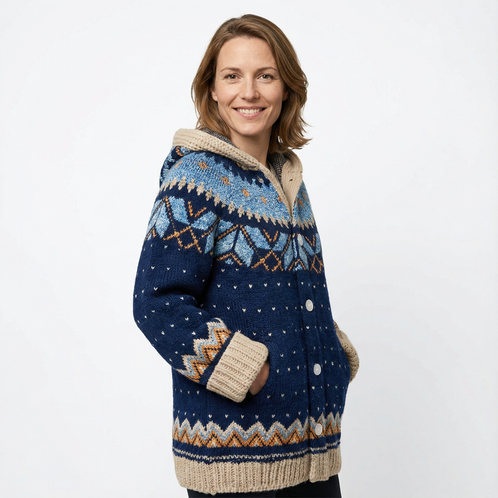 Damen Hoodie Cardigan liegend, Kapuze und Muster sichtbar