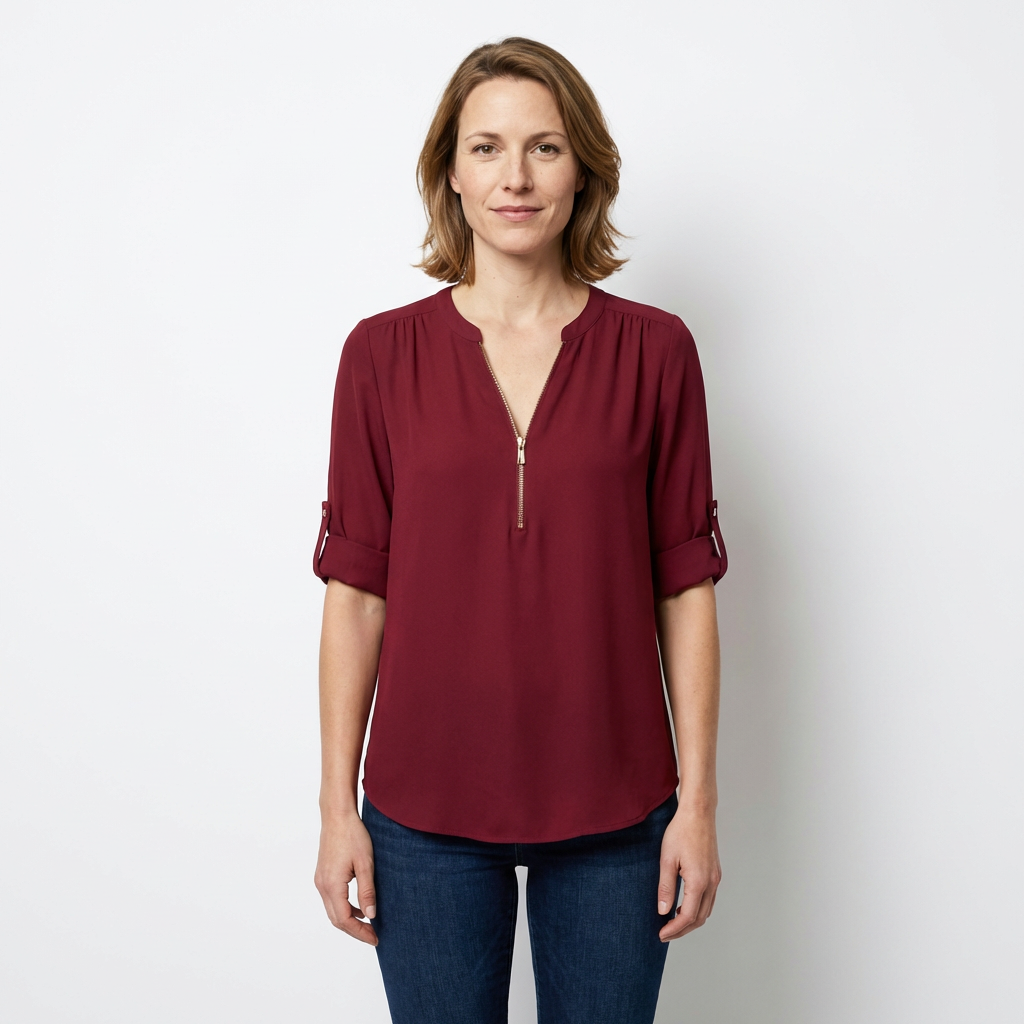 Chiffon-Bluse Burgunder, tiefer V-Ausschnitt mit Reißverschluss, Frontansicht