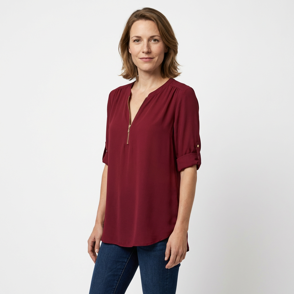Chiffon-Bluse Burgunder, fließende Silhouette, Seitenansicht