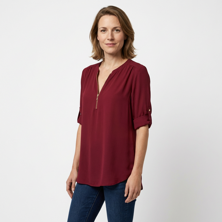 Chiffon-Bluse Burgunder, fließende Silhouette, Seitenansicht