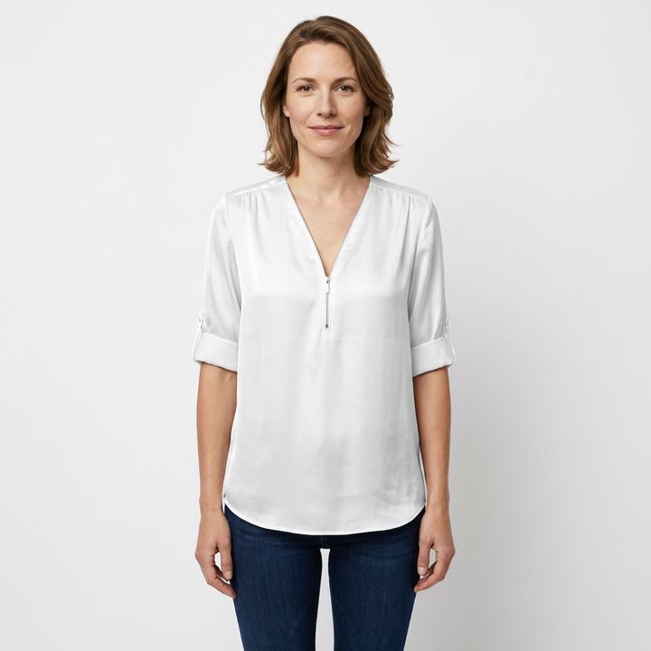 Chiffon-Bluse Weiß, fließende Silhouette, Seitenansicht