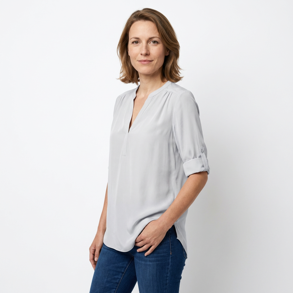 Chiffon-Bluse Grün, tiefer V-Ausschnitt, Frontansicht