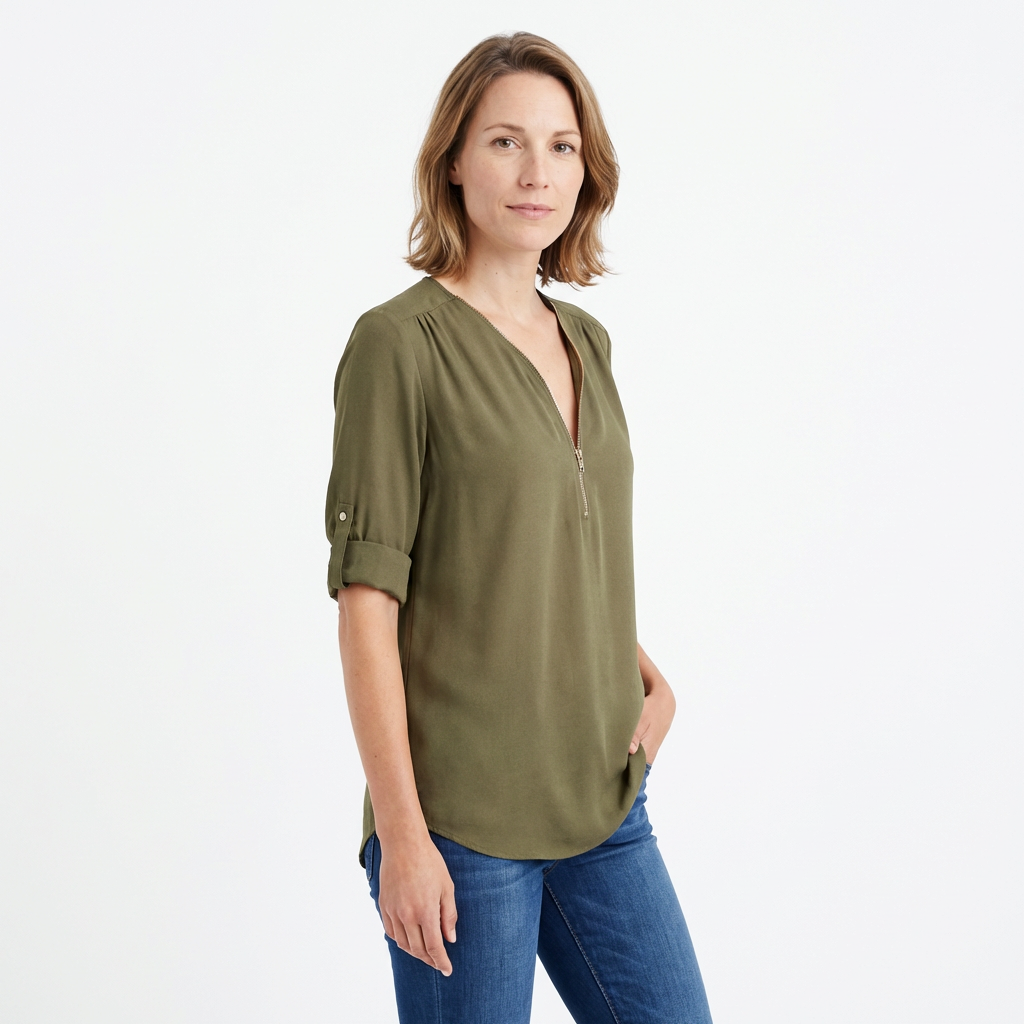 Chiffon-Bluse Schwarz, V-Ausschnitt mit Reißverschluss, Frontansicht