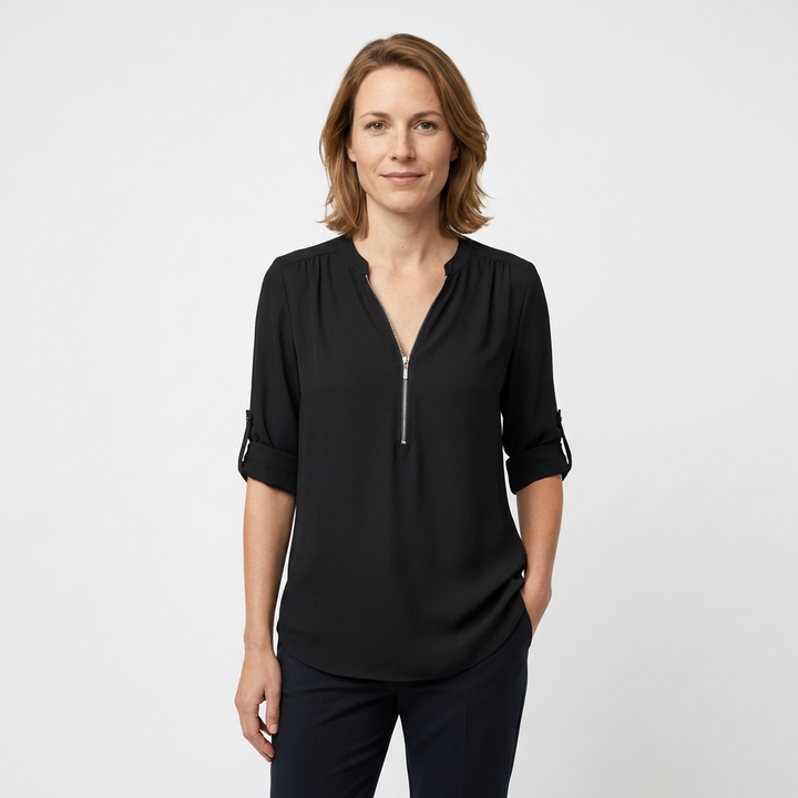 Chiffon-Bluse Schwarz, fließende Silhouette, Seitenansicht