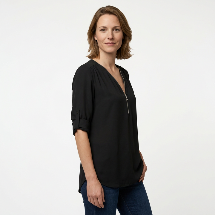 Chiffon-Bluse Orange, V-Ausschnitt mit Reißverschluss, Frontansicht