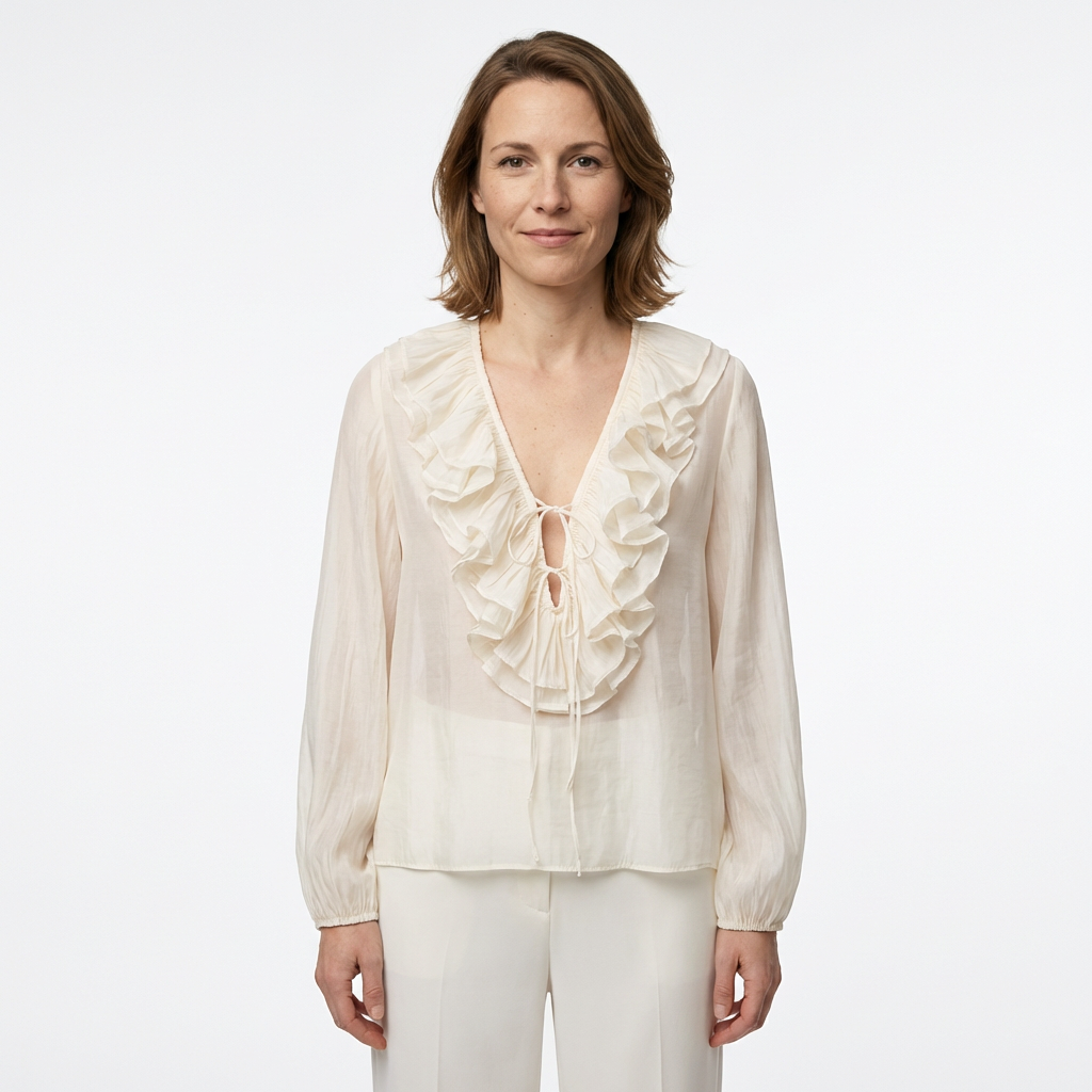Beige Chiffonbluse mit Rüschen und V-Ausschnitt, Vorderansicht