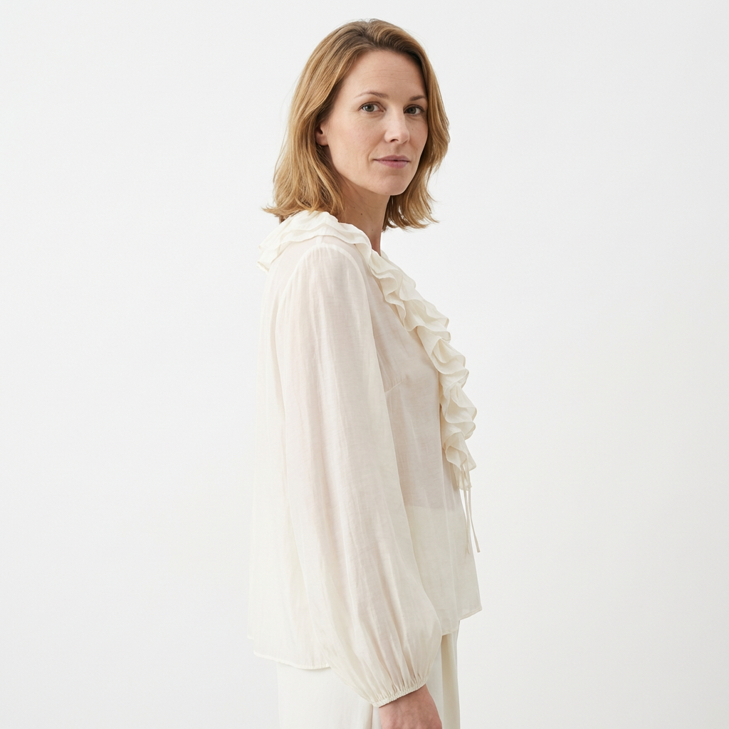 Beige Rüschenbluse Seitenansicht, fließendes Chiffon