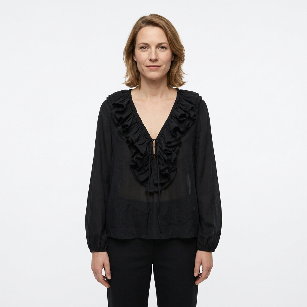 Schwarze Chiffonbluse mit Rüschen, Seitenansicht