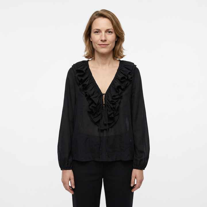 Schwarze Chiffonbluse mit Rüschen, Seitenansicht