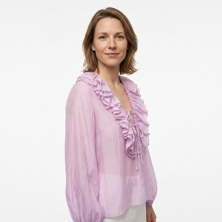 Lavendel Chiffonbluse mit Rüschen, Seitenansicht