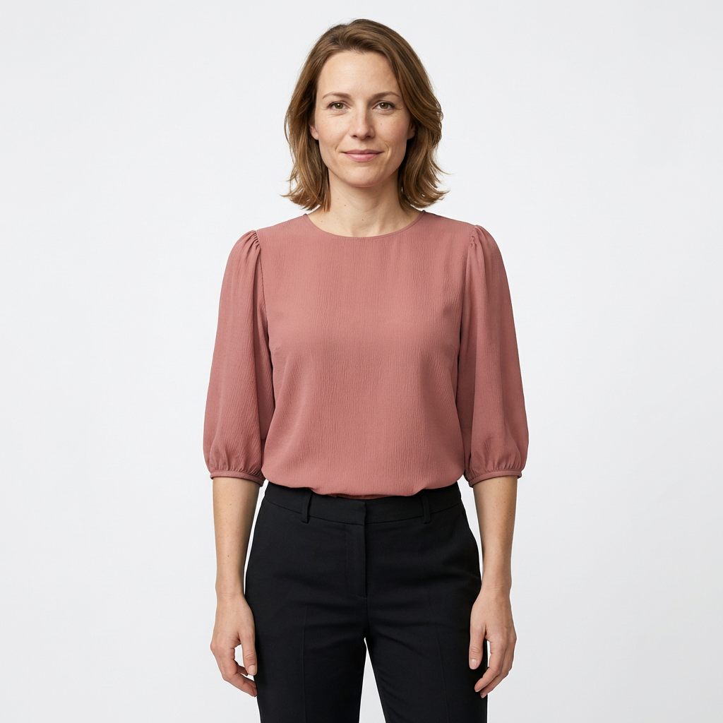 Damen Bluse 3/4 Puffärmel Rundhals Rosa Vorderansicht