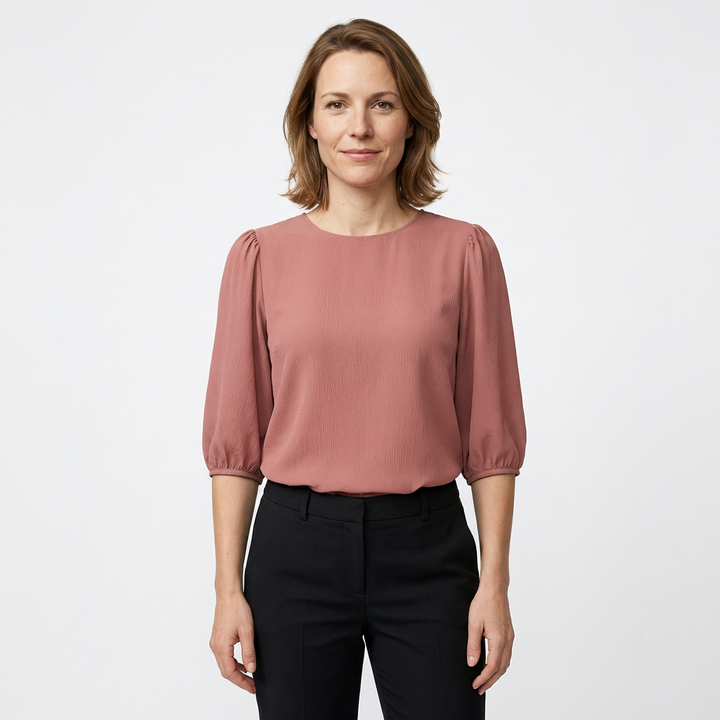 Damen Bluse 3/4 Puffärmel Rundhals Rosa Vorderansicht