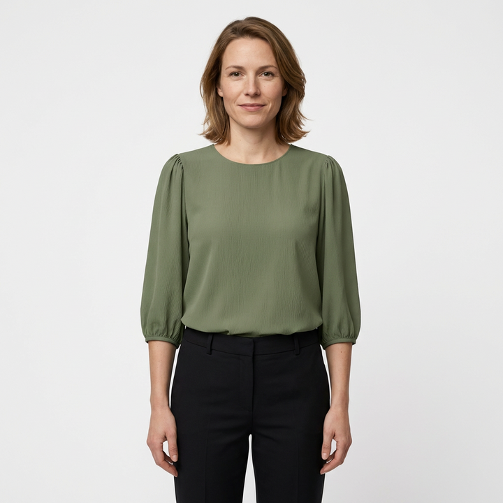 Damen Bluse Grün Rückenansicht 3/4 Ärmel elegant