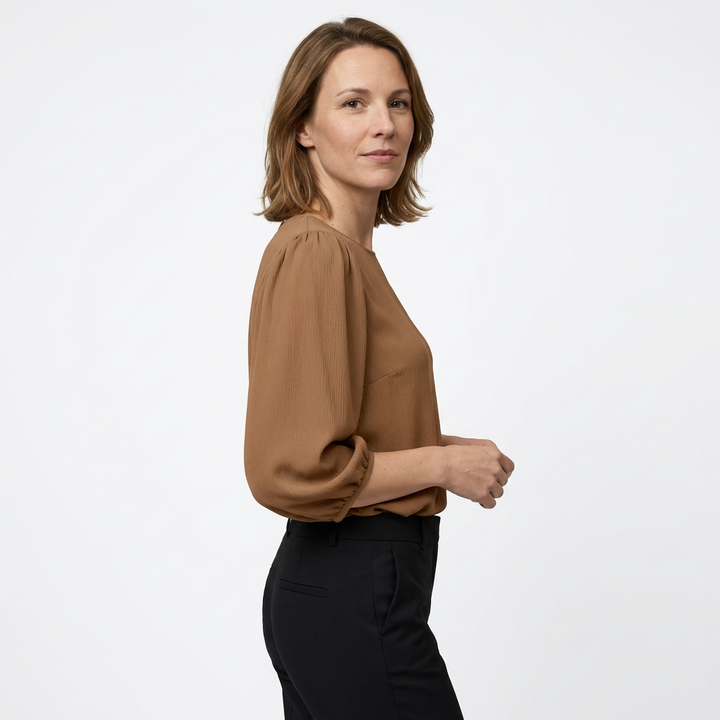 Damen Bluse Khaki 3/4 Puffärmel Rundhals Vorderansicht