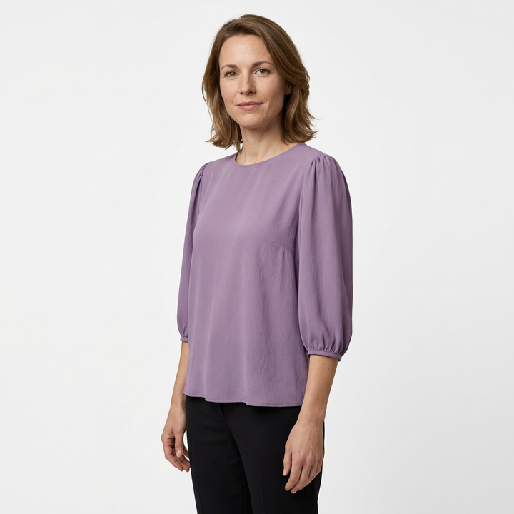Damen Bluse Weinrot 3/4 Puffärmel Rundhals Vorderansicht