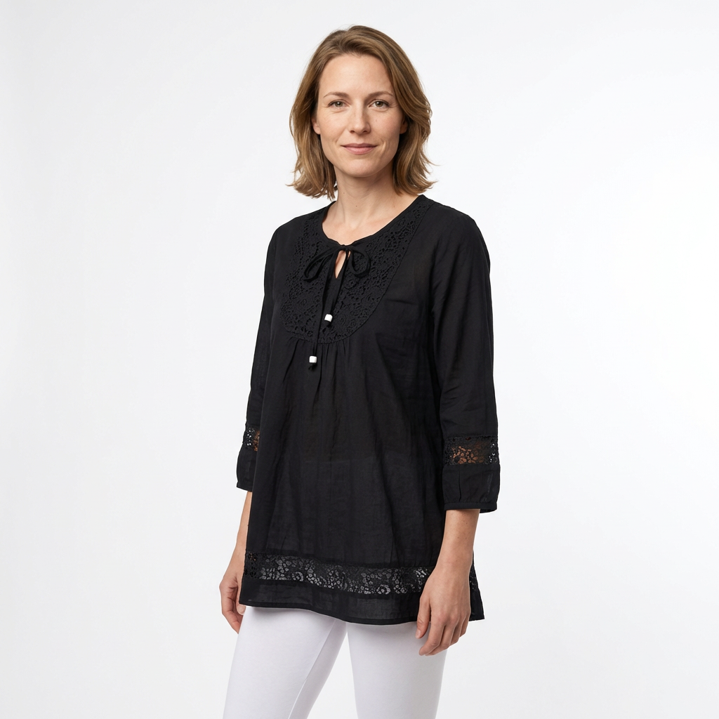 Marineblaue Damen-Spitzenbluse mit Lochstickerei, Frontansicht