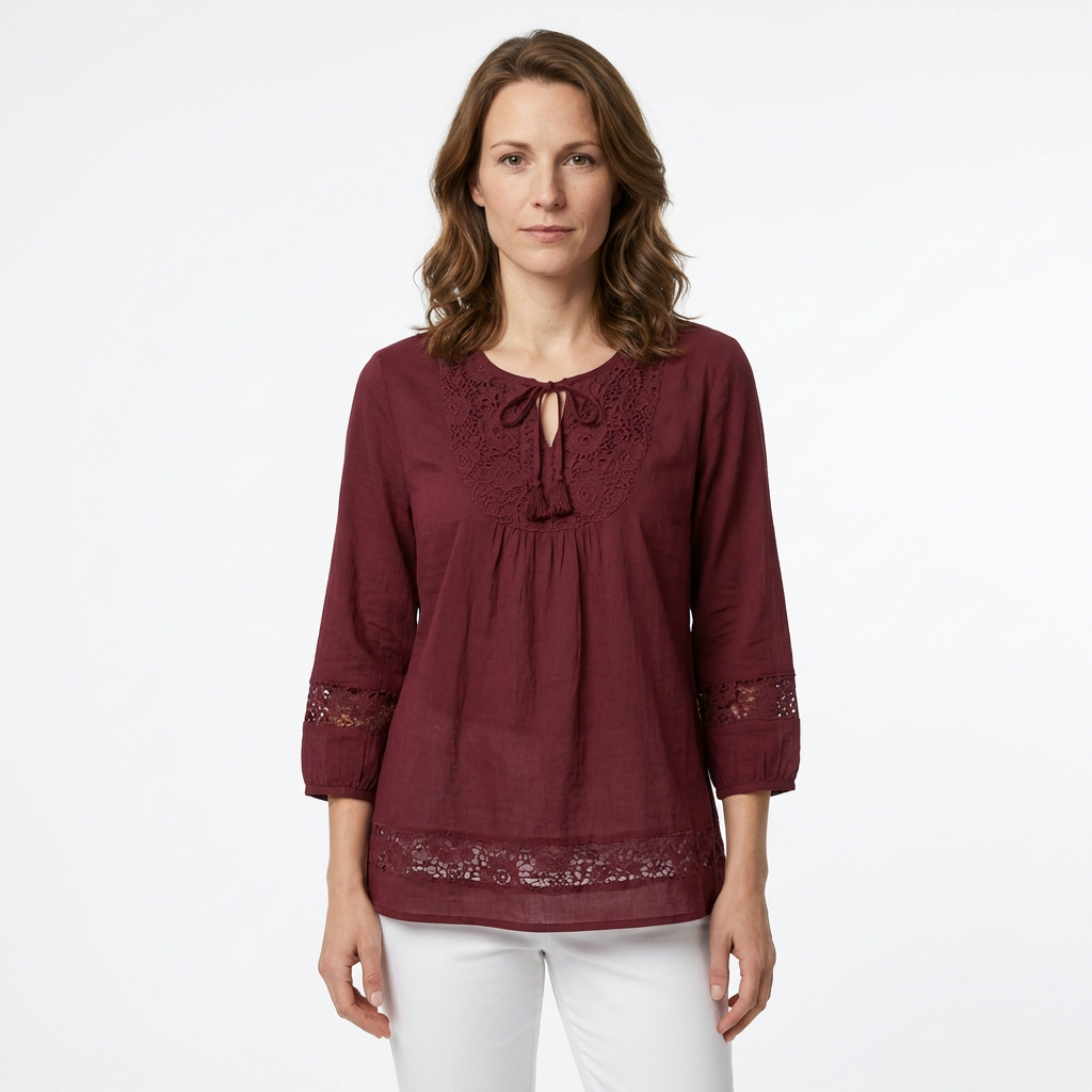 Weinrote Boho-Tunika mit Spitzendetails, Rückenansicht