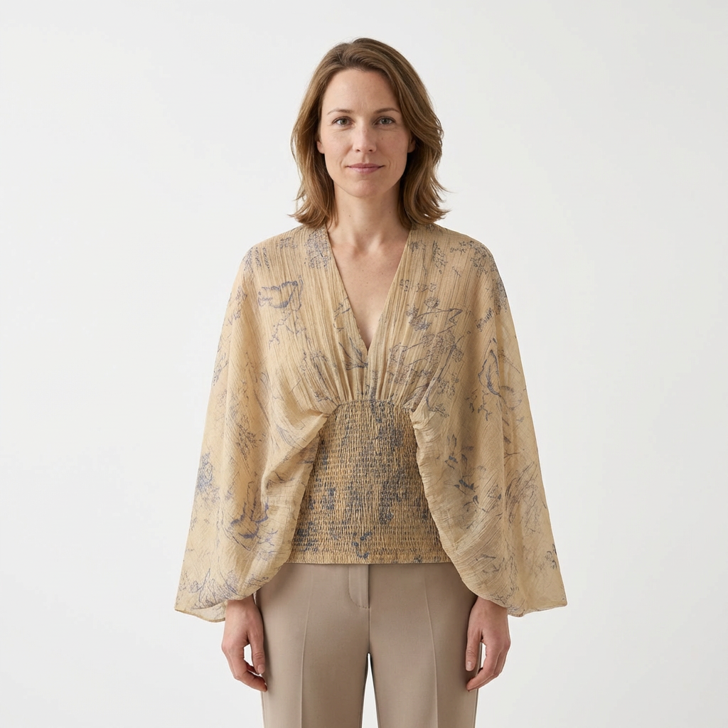Damen-Bluse mit floralem Creme-Druck, Batwing-Ärmel, V-Ausschnitt, Frontansicht