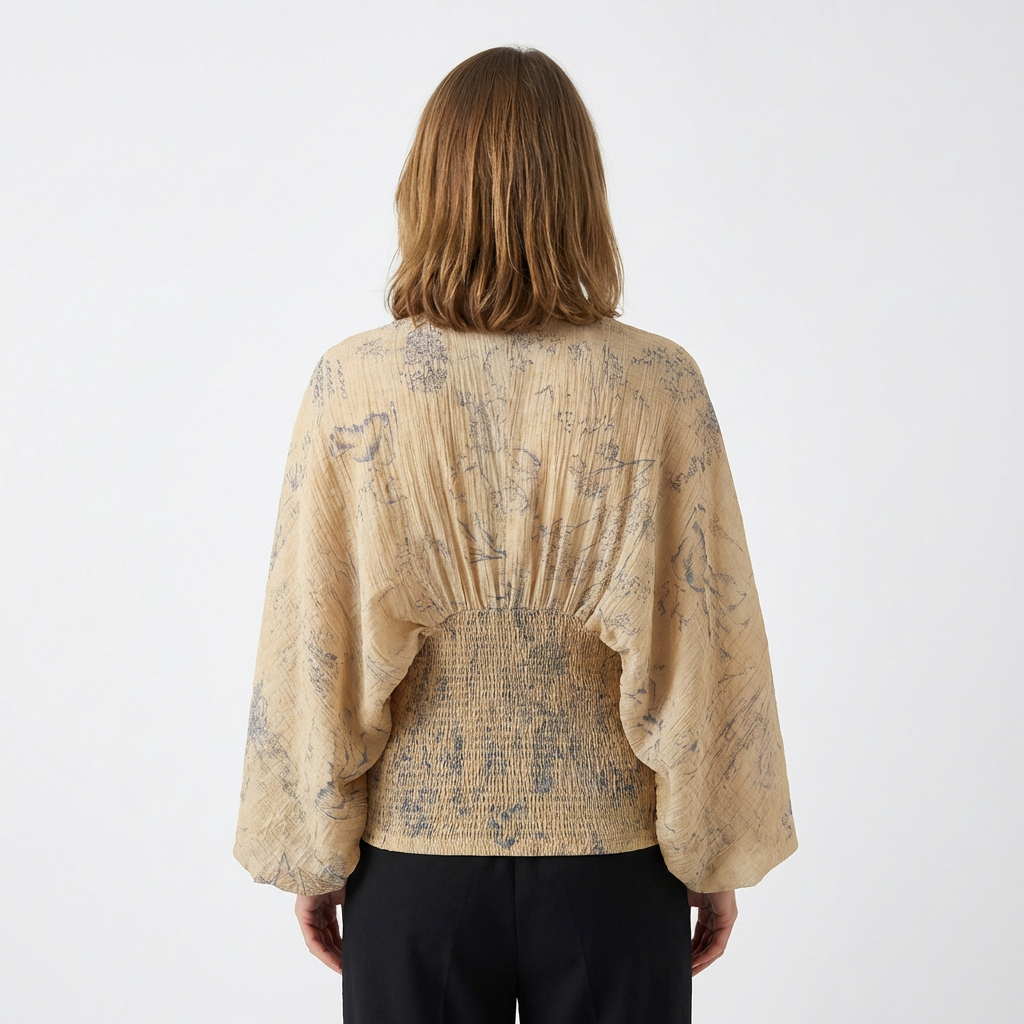 Elegante Bluse mit Laternenärmeln und V-Ausschnitt, Dreiviertelansicht