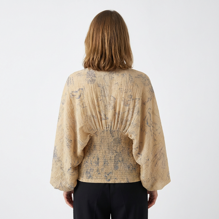 Elegante Bluse mit Laternenärmeln und V-Ausschnitt, Dreiviertelansicht