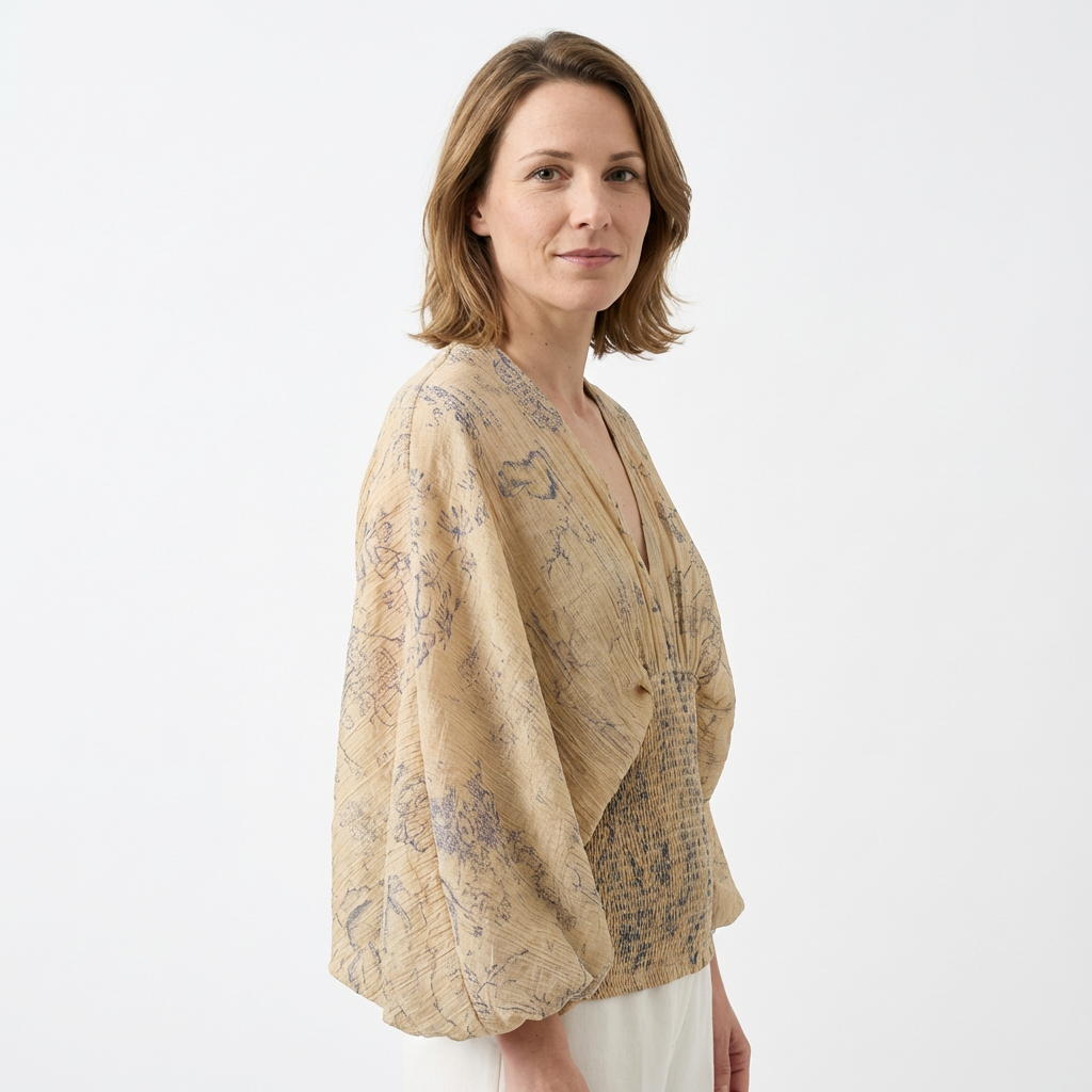 Damen-Bluse mit Batwing-Ärmeln und V-Ausschnitt, Seitenansicht