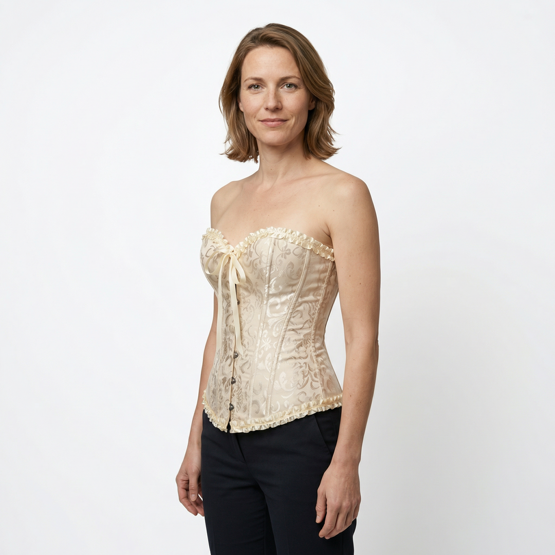 Damen Korsett in Cremeweiß, Seitenansicht mit figurformender Passform am Model