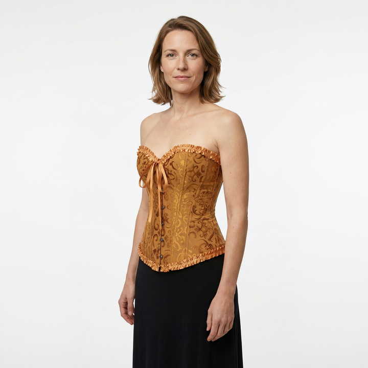 Damen Korsett in Senfgelb, Seitenansicht mit Satinschleife und Rüschendetails am Model