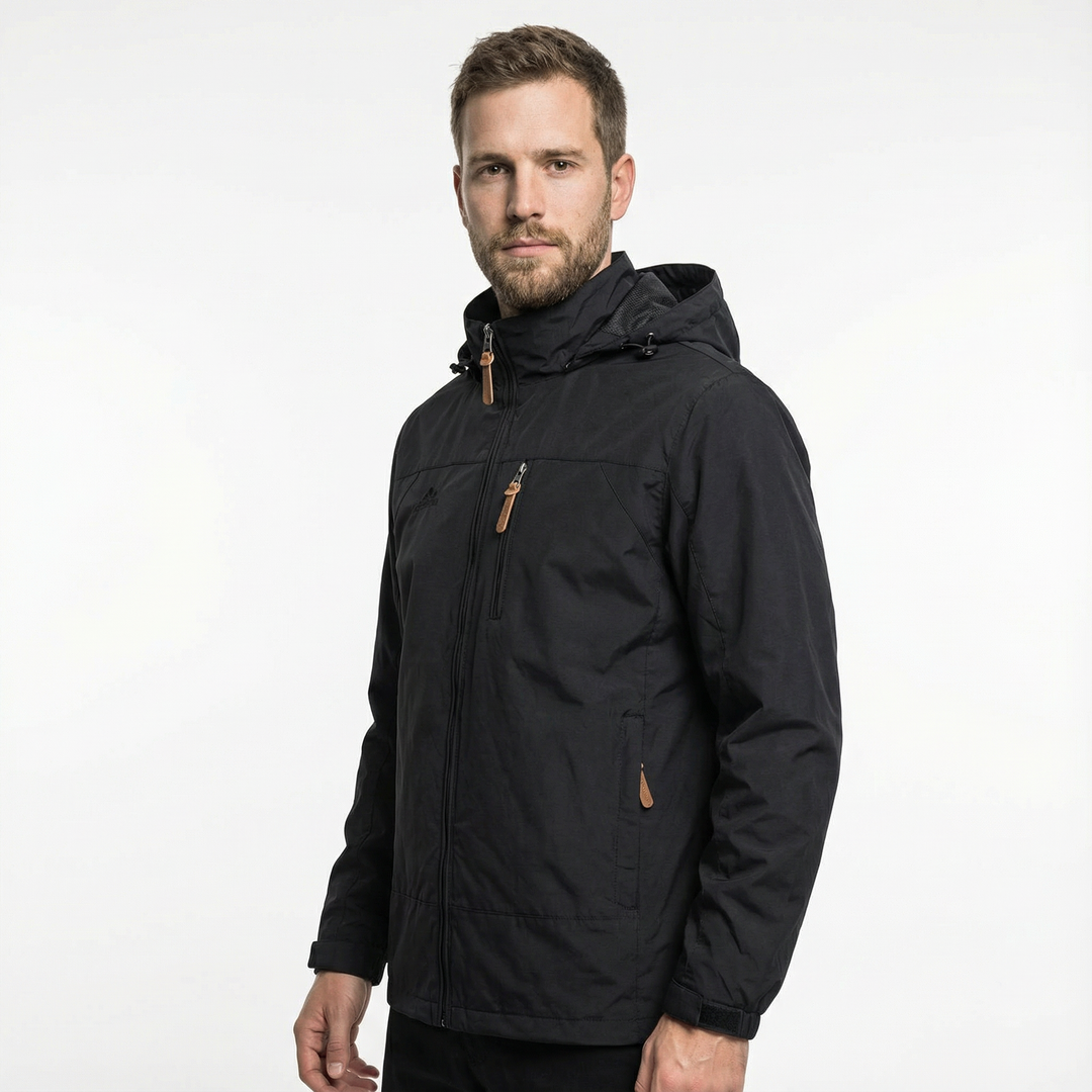 Rückenansicht Herren Outdoor Kapuzenjacke, Kapuze und Rückendetails