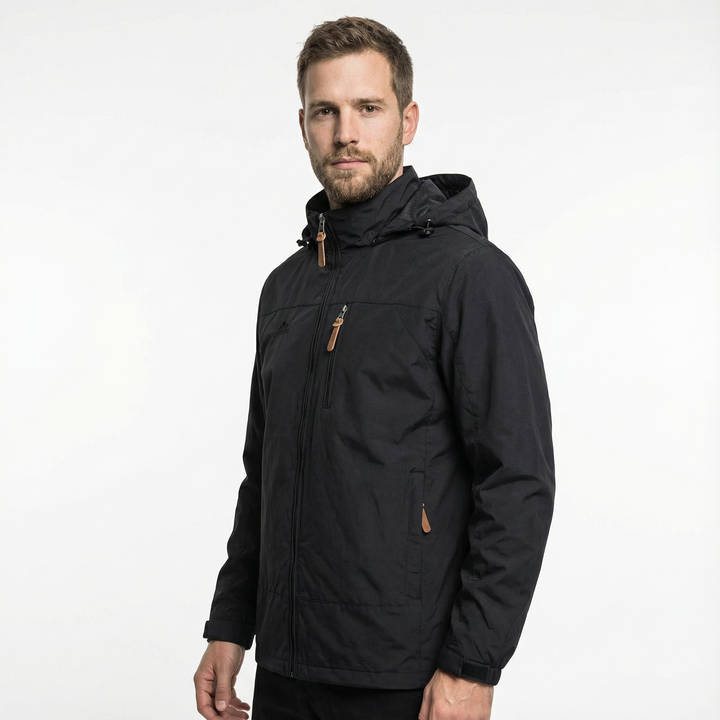 Rückenansicht Herren Outdoor Kapuzenjacke, Kapuze und Rückendetails