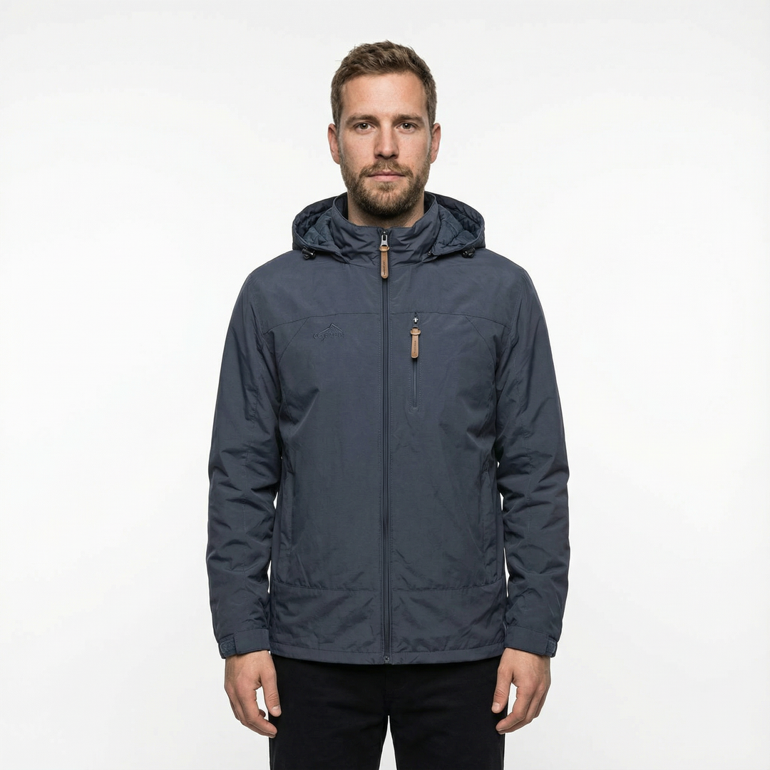 Herren Outdoor Jacke Grau, Kapuze und Reißverschluss, Frontalansicht