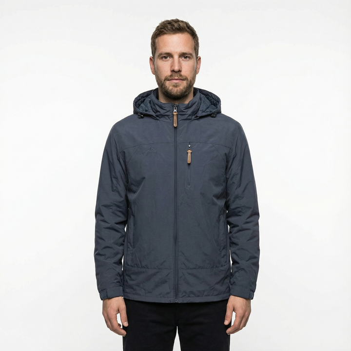 Herren Outdoor Jacke Grau, Kapuze und Reißverschluss, Frontalansicht