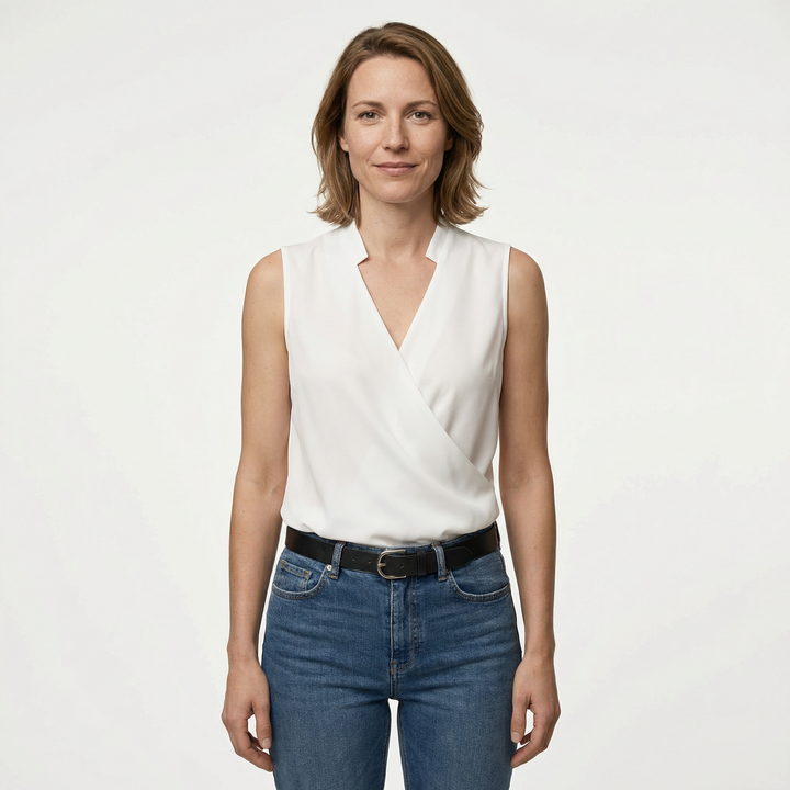 Damen ärmelloses V-Ausschnitt Top mit Print, Vorderansicht am Model