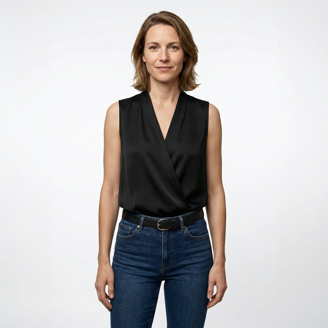 Nahaufnahme V-Ausschnitt und Druckmuster, Damen Polyester Sommertop