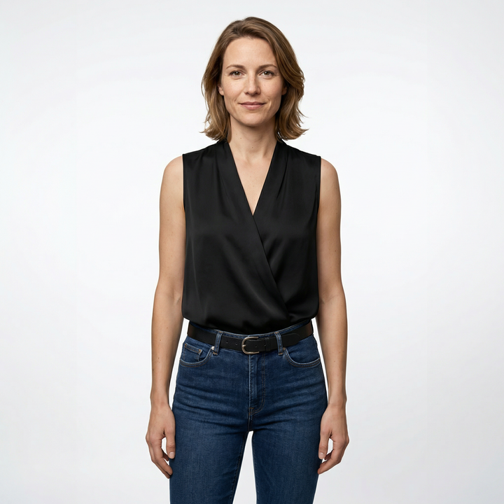 Nahaufnahme V-Ausschnitt und Druckmuster, Damen Polyester Sommertop