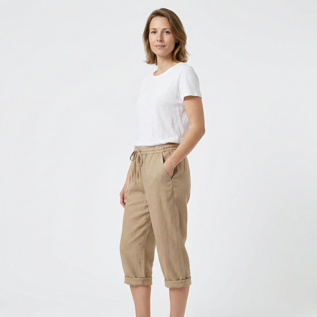 Damen Leinenshorts mit elastischer Taille, seitliche Taschen sichtbar