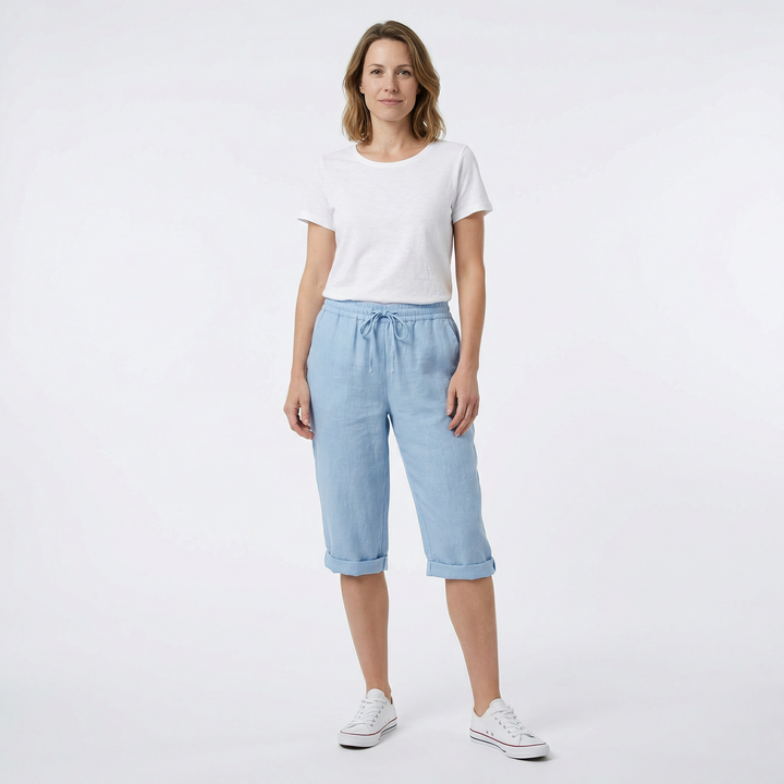 Nahaufnahme Baumwoll-Leinen Stoff, Kordelzug und Tascheneingriff, Damen Shorts