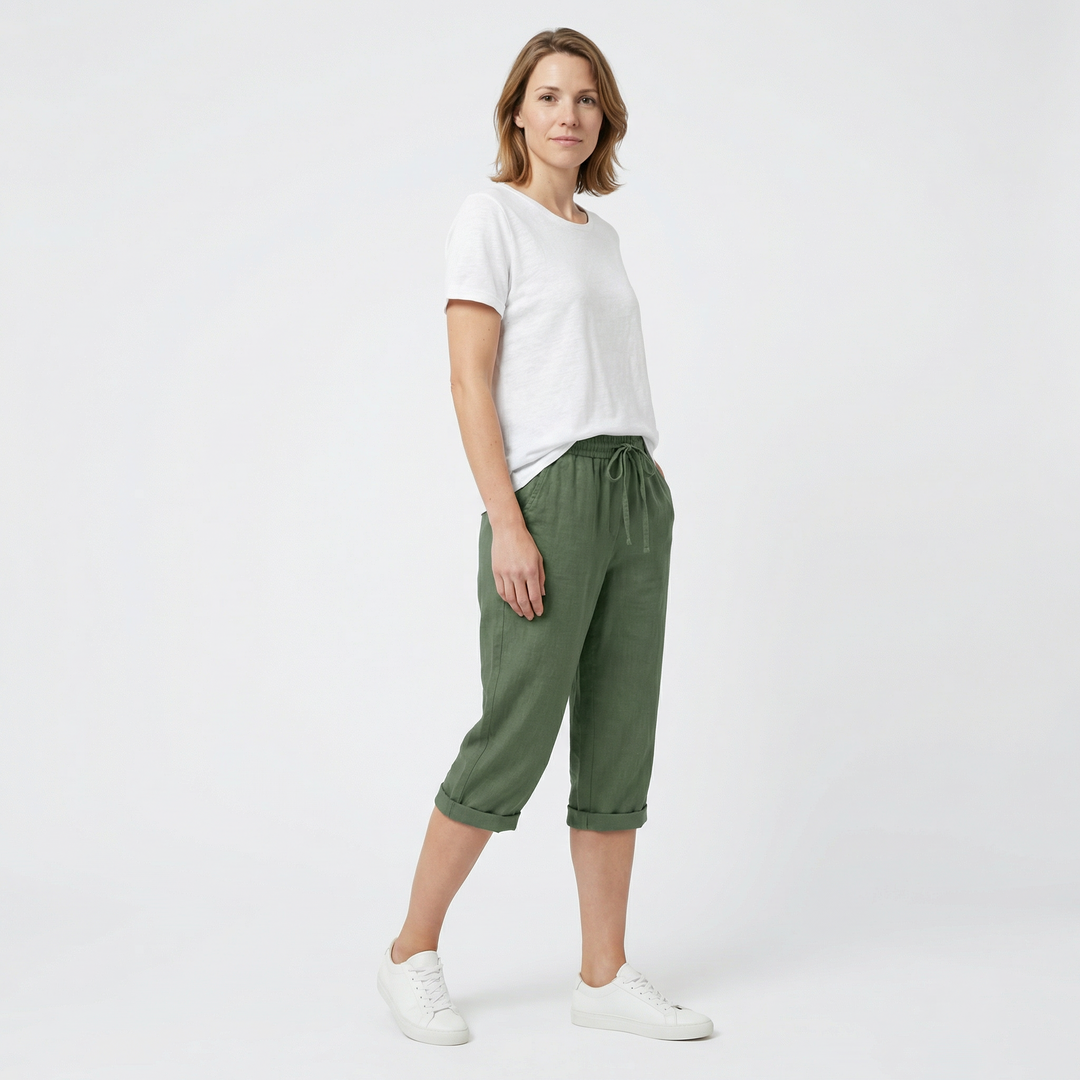 Damen Leinenshorts flach liegend, Baumwoll-Leinen Stoff, Kordelzug-Detail