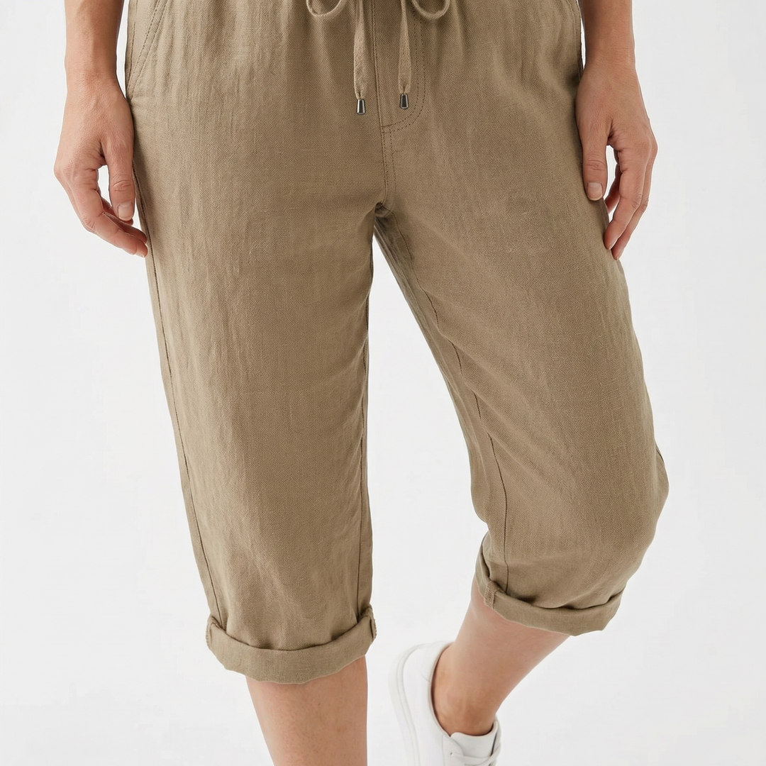 Damen Leinenshorts mit Kordelzug, Seitenansicht, Taschendetail sichtbar