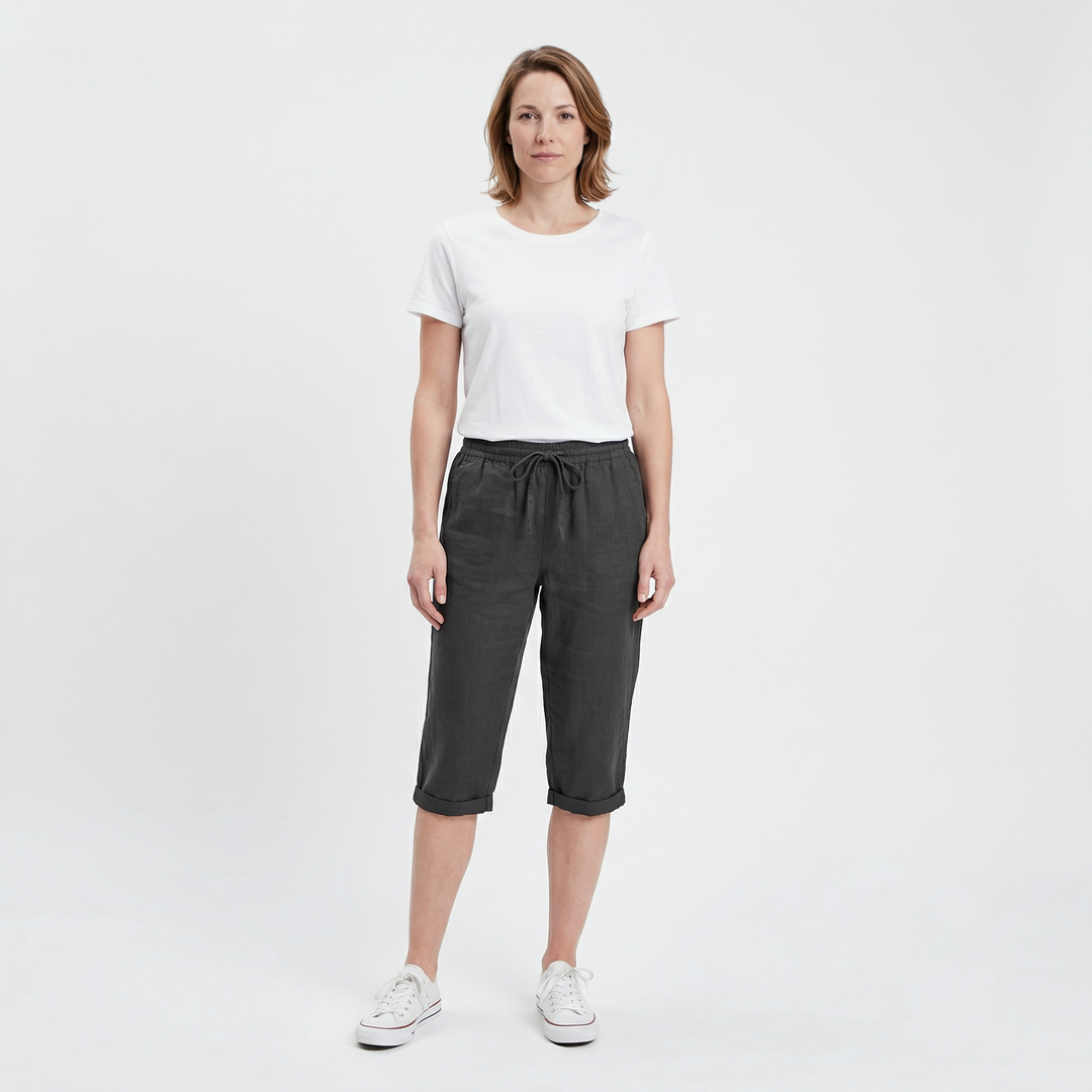Damen Leinenshorts in Schwarz, elastische Taille mit Kordelzug
