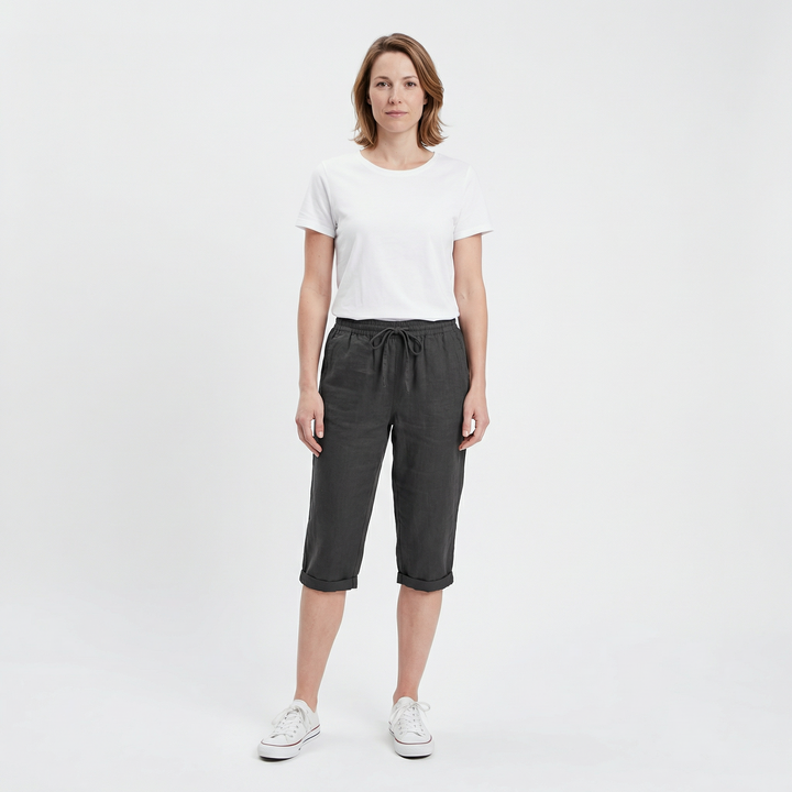 Damen Leinenshorts in Schwarz, elastische Taille mit Kordelzug