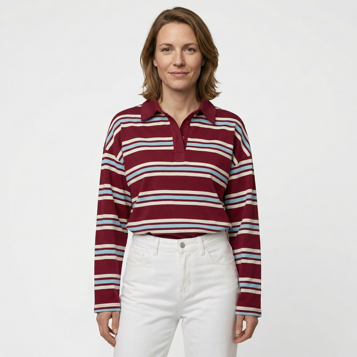 Damen Streifen Polo Langarm