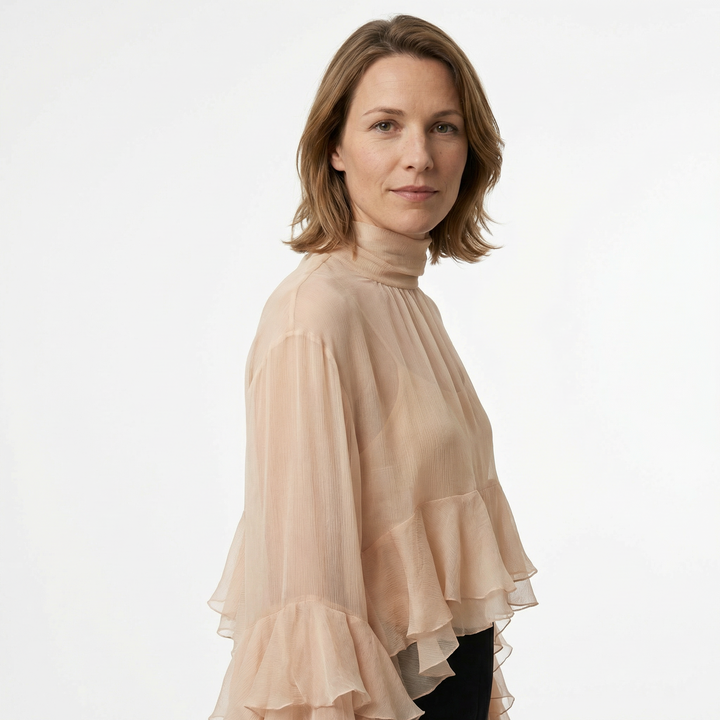 Rückansicht elegante Rüschenbluse in Altrosa