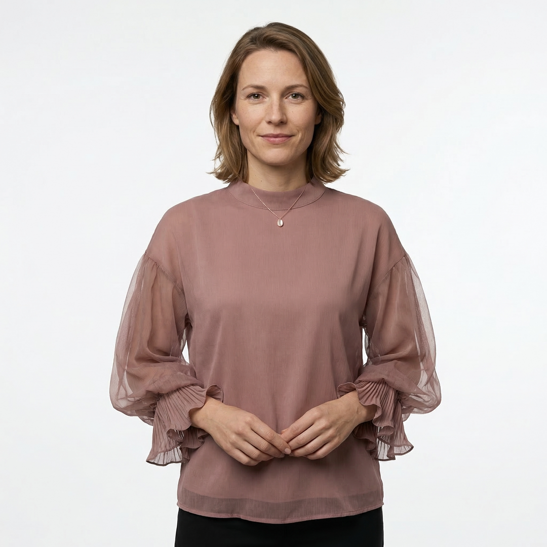 Damen Chiffon-Rüschenbluse mit Stehkragen, 3/4-Arm, Vorderansicht