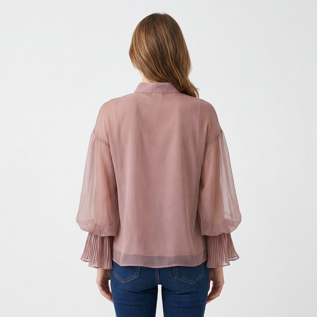 Damen Chiffon-Rüschenbluse Beige, Stehkragen, Vorderansicht
