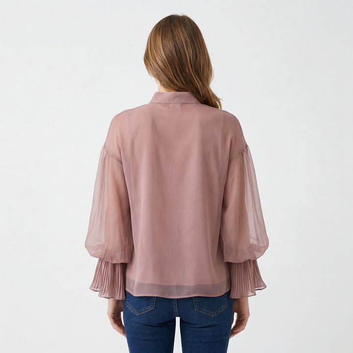 Damen Chiffon-Rüschenbluse Beige, Stehkragen, Vorderansicht