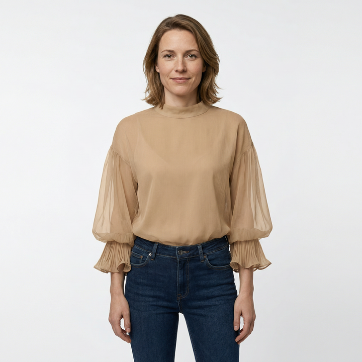 Rüschenbluse Beige Seitenansicht, fließender Chiffonstoff