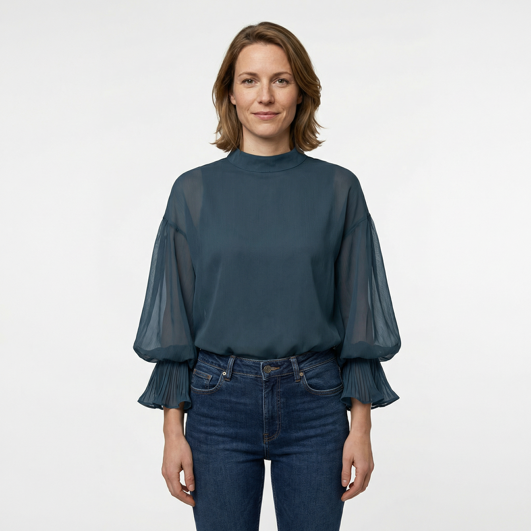 Damen Rüschenbluse Dunkelgrün, 3/4-Arm, elegante Passform