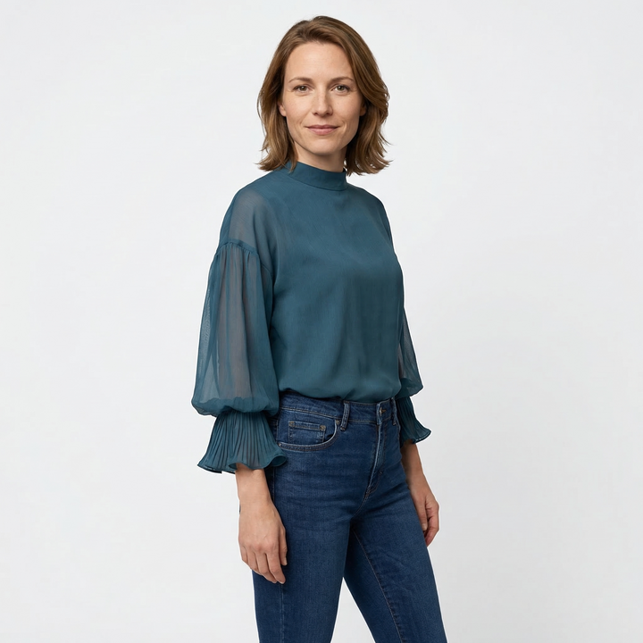 Chiffon-Rüschenbluse Dunkelgrün Rückansicht, Rüschenarmel