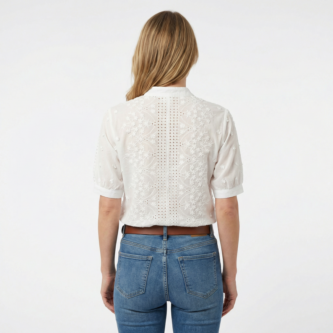 Weiße Damen-Bluse mit Stickerei, lockere Passform, Rückansicht