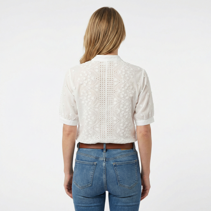 Weiße Damen-Bluse mit Stickerei, lockere Passform, Rückansicht